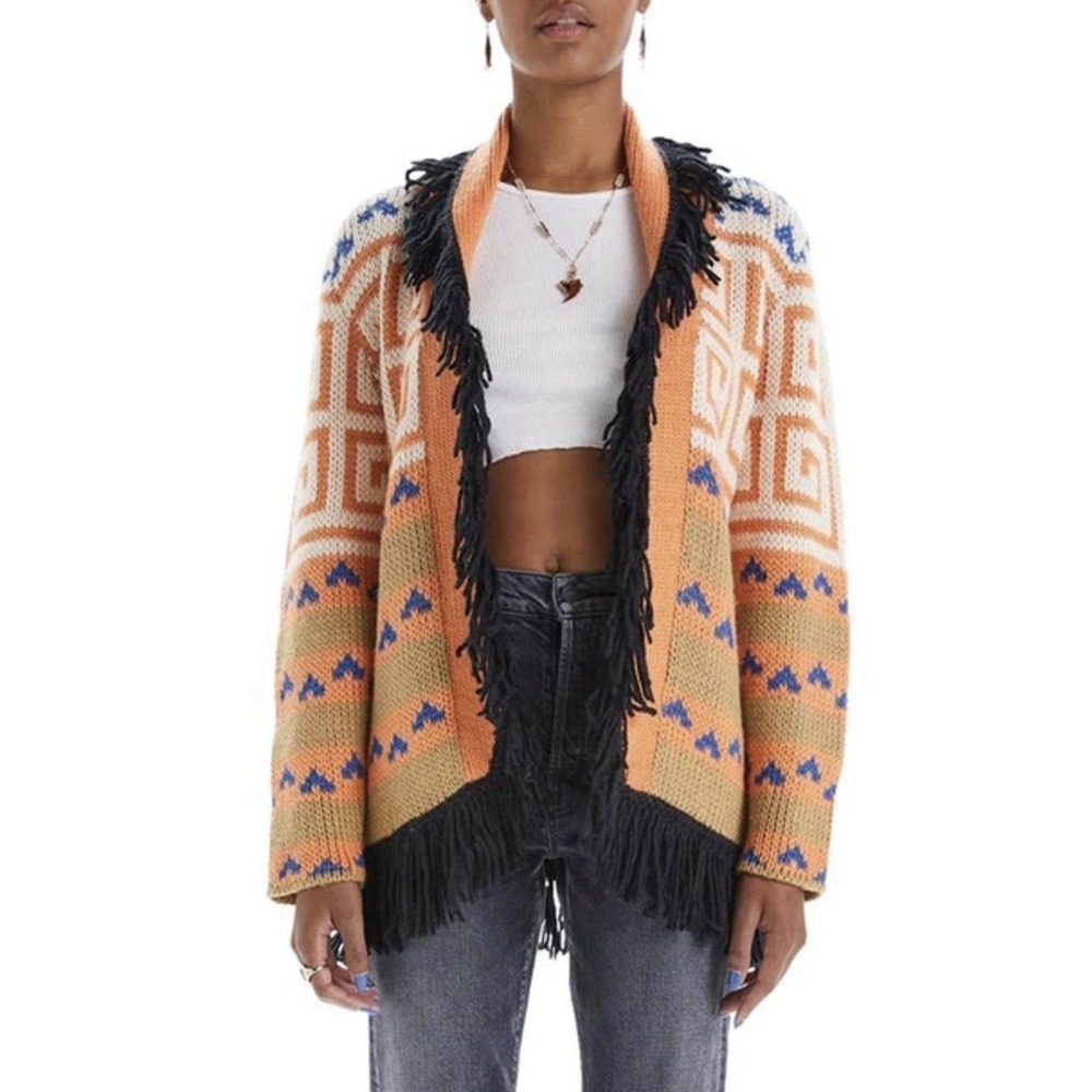 MOTHER Chunky Fringe Cardigan Runaway‎ Child Alpaca Aztec Western Sweater S